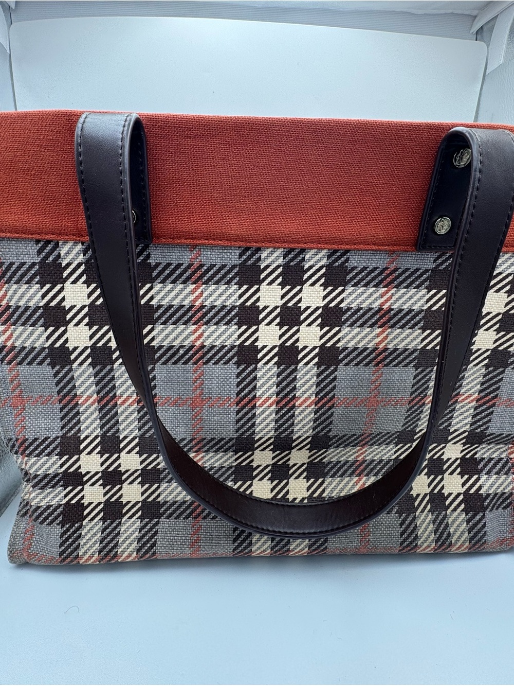 Spartina 449 Plaid Canvas Tote with Rust Trim - Picture 2 of 6